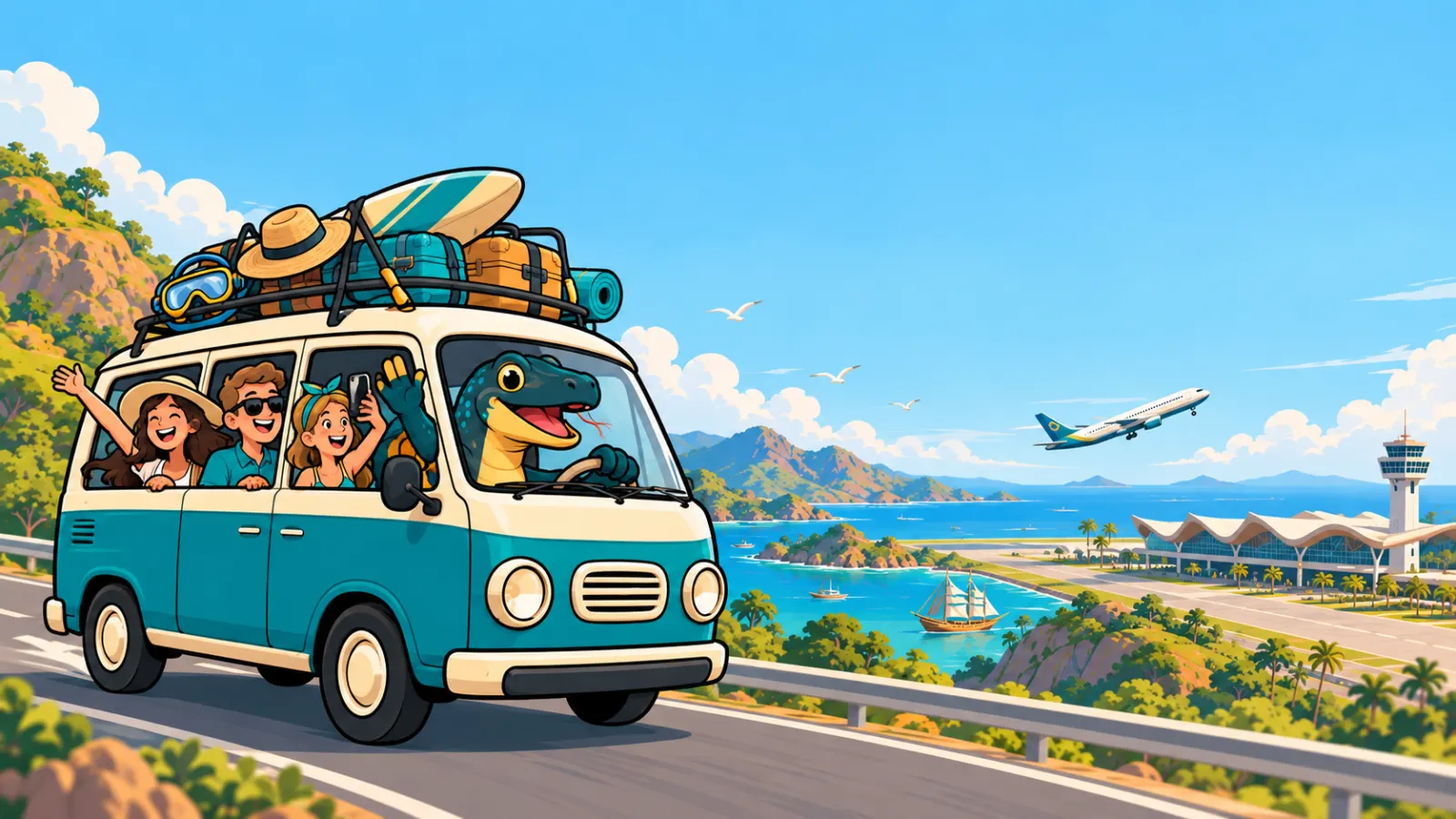 Maskot komodo Open Trip Komodo menyetir van berisi wisatawan menuju Bandara Komodo